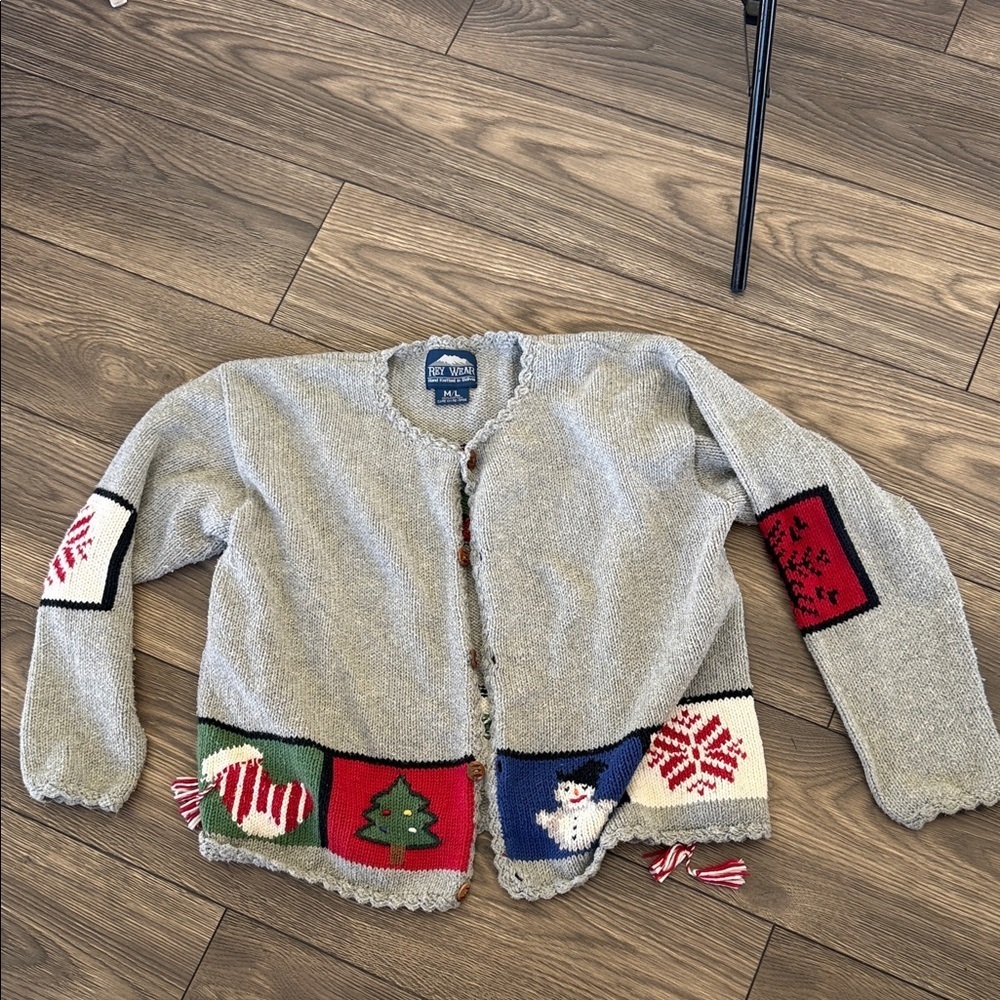 Hand knit Christmas Gray Holiday Cardigan with Festive Patches sweater size M/L